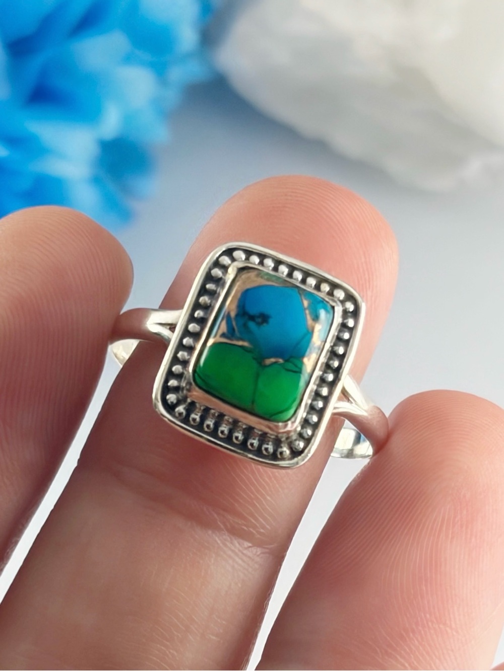 Sterling Silver 925 Peacock Dahlia Kingman Turquoise Ring Size 9 Southwest Style